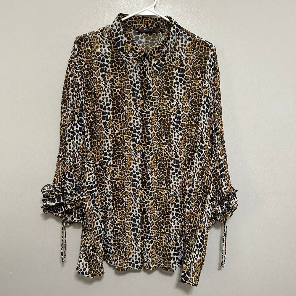 Belissimo Button Up Shirt Women 3X Brown Leopard Ruffle Tie Cuff Mob Wife Sheer